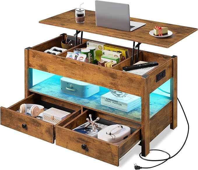 WLIVE Coffee Table, Lift Top Coffee Table with Drawers, LED Light, Large Storage and Open Shelf, Lift Tabletop for Living Room, Rustic Brown