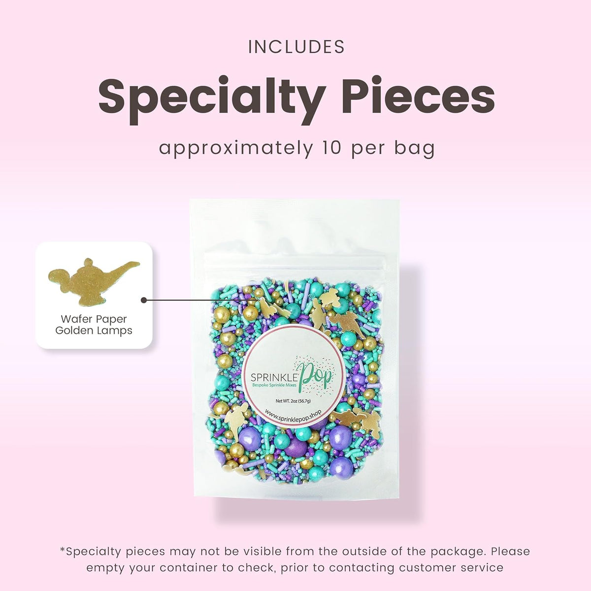 Sprinkle Pop Arabian Princess Sprinkles Mix| Aqua Lavender Purple Sprinkles with ~10 Genie Bottle Toppers and Gold Dragees| Girl Birthday Decorating Sprinkles Made in USA for Cake Cookie Cupcakes, 2oz