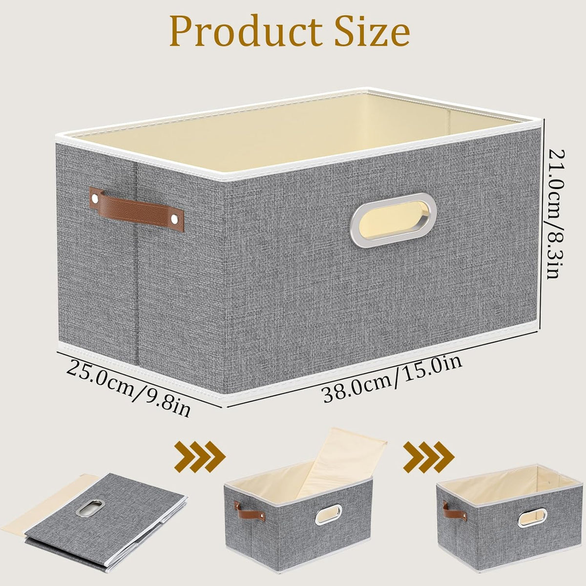 Yawinhe Foldable Storage Baskets for Shelves, Fabric Closet Organizers, Bins with 3 Handles, Cubes for Clothes, Grey, 15''Lx9.8''Wx8.3''H, 4-Pack