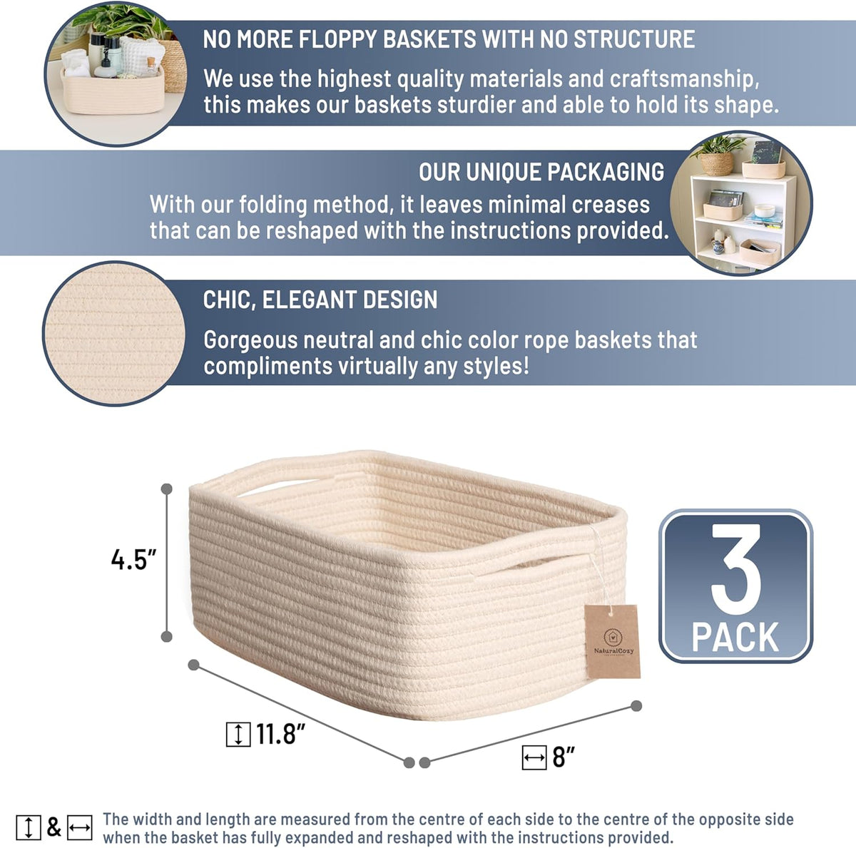 NaturalCozy 11.8"x8"x4.5” Storage Baskets for Shelves 3 Pack | Cotton Rope Woven Small Baskets for Organizing | Small Storage Bins for Nursery, Bathroom, Closet, Cube Shelf, Decorative, Gift Basket