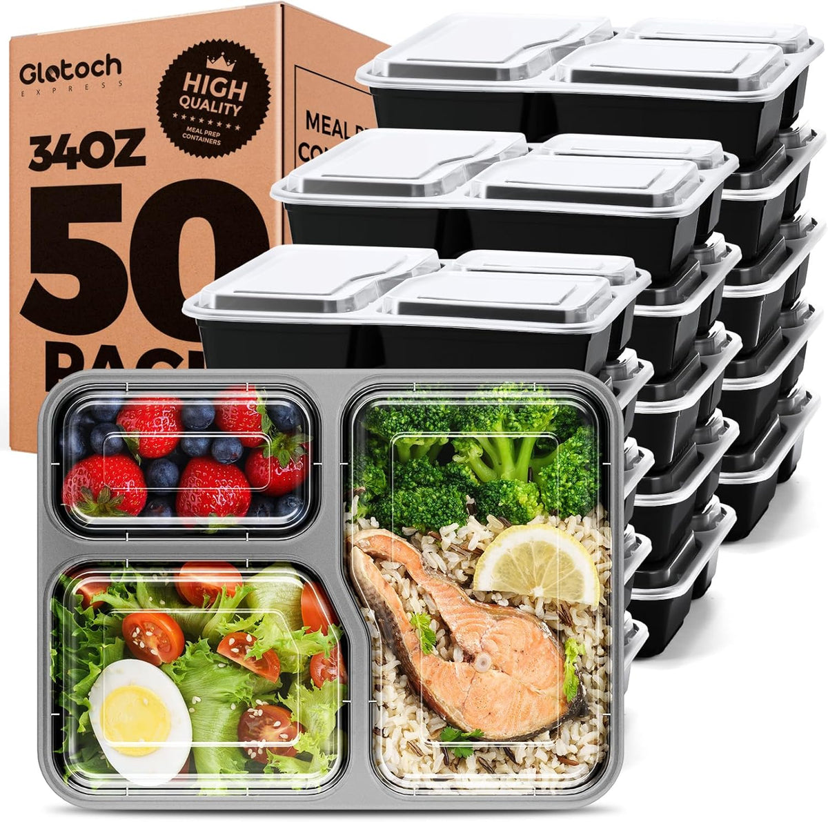 Glotoch 50 Pack (100-Piece) 34oz Meal Prep Containers Reusable with Lids 3-Compartment Containers Microwave, Freezer, Dishwasher Safe - Leakproof Durable To Go Take Out Plastic Food Storage