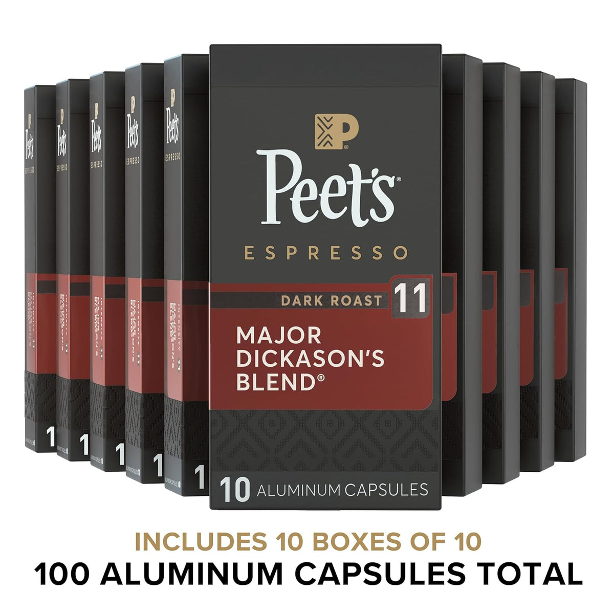 Peet's Coffee, Dark Roast Espresso Capsules, Compatible with Nespresso Original Machines - Major Dickason's Blend, Intensity 11, 100 Count (10 Boxes of 10 Espresso Capsules)