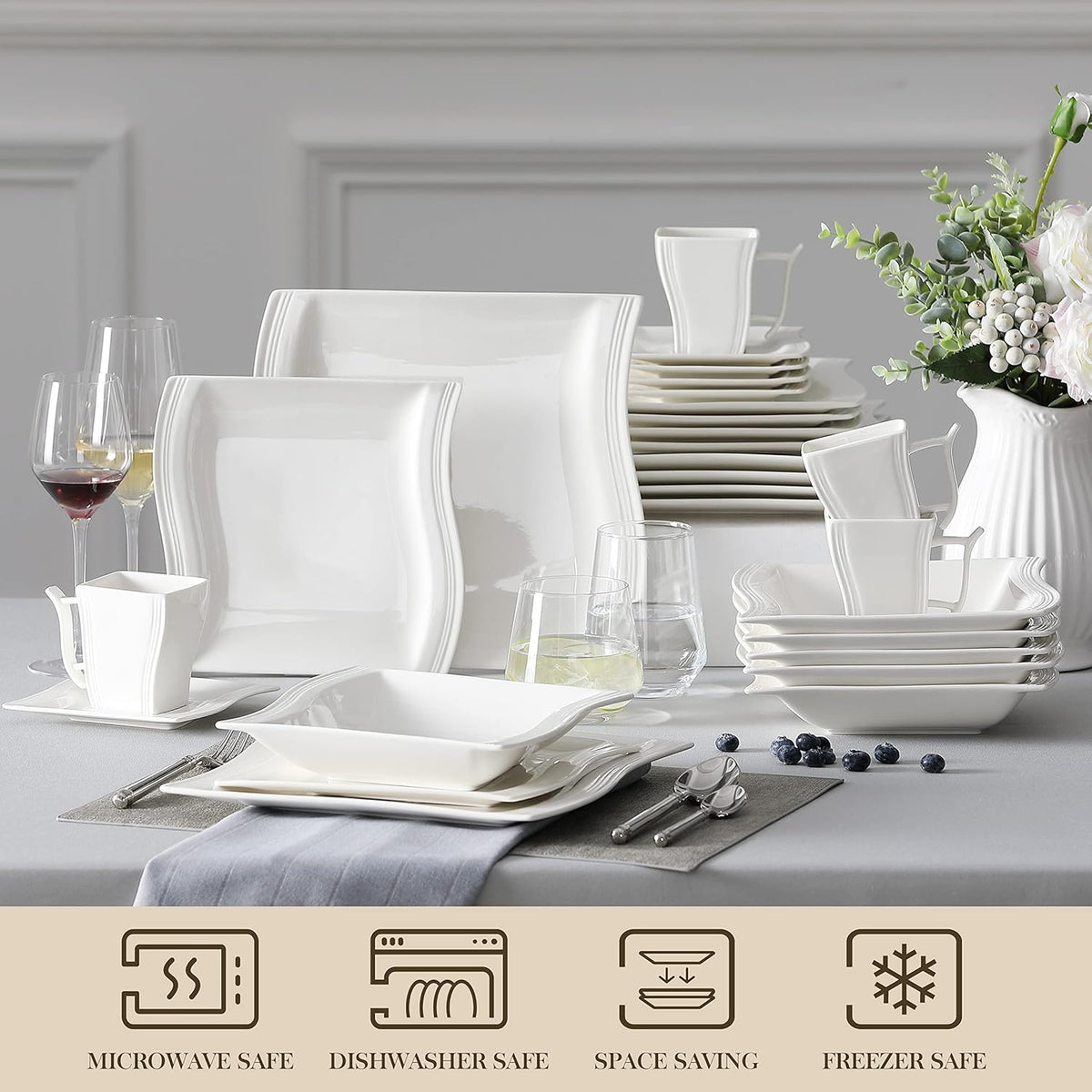 MALACASA Ivory White Dinnerware Sets, 30-Piece Porcelain Plates and Bowls Sets, Modern Dish Set for 6, Square Plates Dinnerware Set Kitchen Dishware Sets, Microwave and Dishwasher Safe, Series Flora