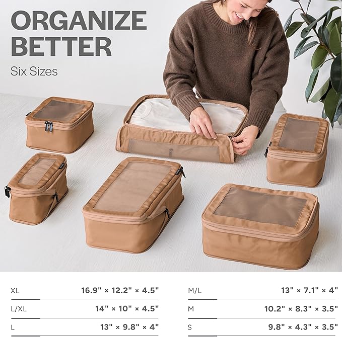 Aerotrunk Compression Packing Cubes for Travel - Luggage Organizer Bags - Double Zipper Packing Cubes for Suitcases (6-Pack, Mocha)