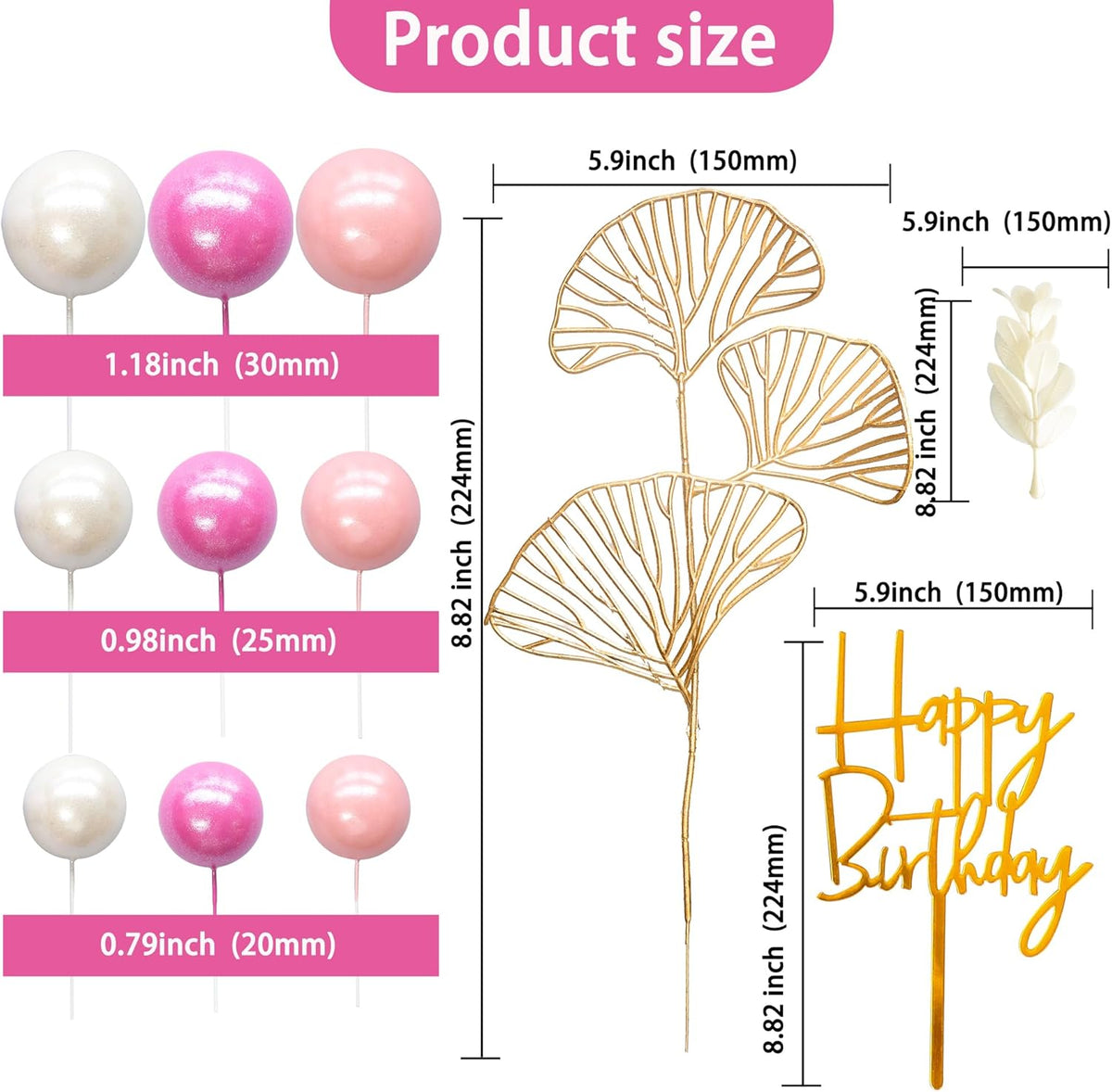 Gyufise 57Pcs Balls Cake Topper Boho Grass Cake topper Pearl Balls Acrylic Happy Birthday Cake Decorations for Wedding Baby Shower Birthday Boho Themed Party Supplies Rose Red