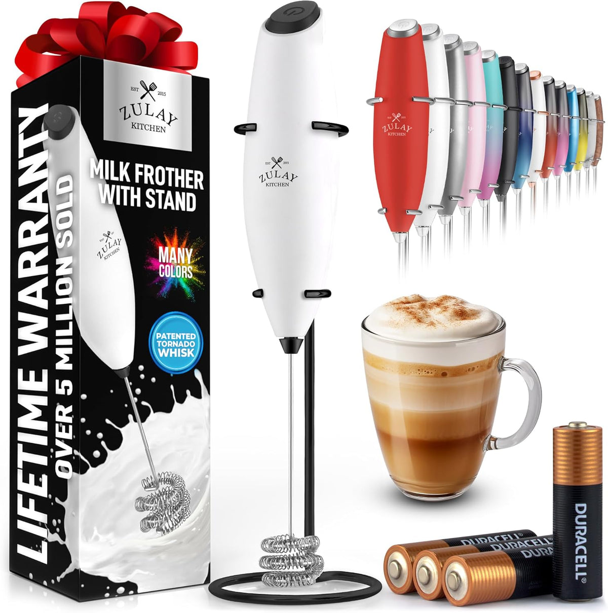 Zulay Kitchen Patented Tornado Triple Whisk Milk Frother with 4 Duracell Batteries – Handheld Foam Maker for Coffee, Lattes, Matcha & Hot Chocolate – Rich, Creamy Froth in Seconds