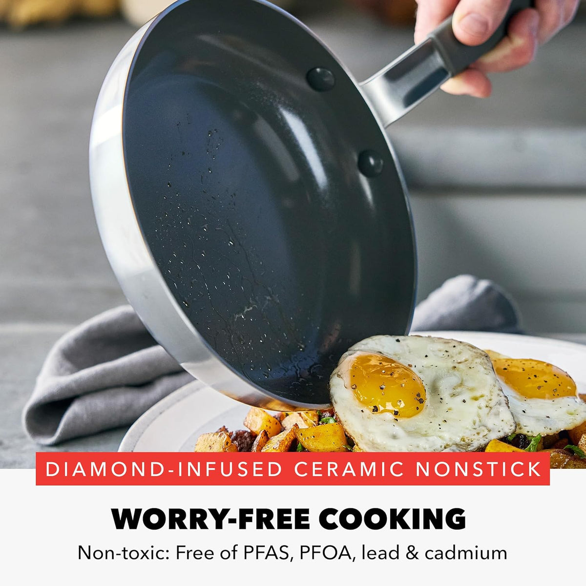 GreenPan x Bobby Flay Stainless Steel 12” Frying Pan Skillet & Glass Lid, Professional Grade Tri-Ply, Multiclad, PFAS-Free Ceramic Nonstick, Induction Suitable, Dishwasher & Oven Safe,Stay Cool Handle