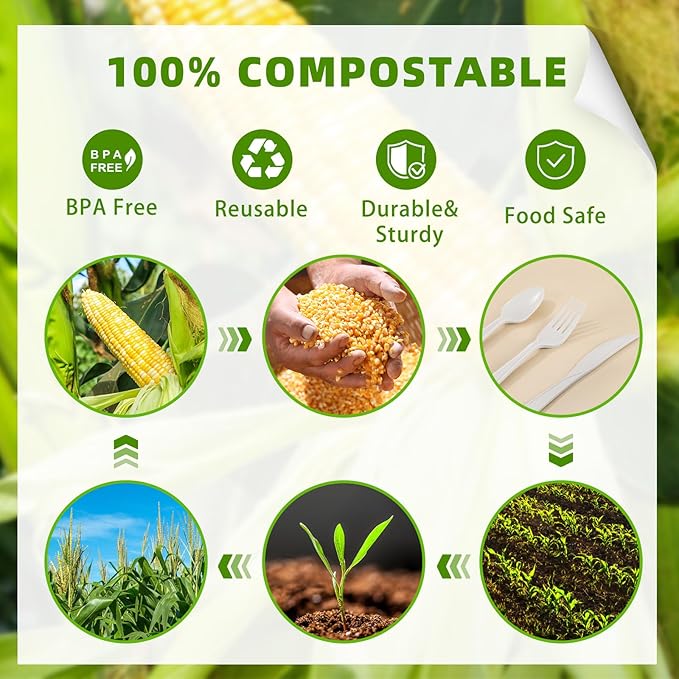 Ivory White No Plastic Silverware, Disposable Compostable Utensils 100 Forks 100 Spoons 100 Knives Disposable Cutlery, Eco Friendly Compostable Utensils, Disposable Forks Spoons Knives Set