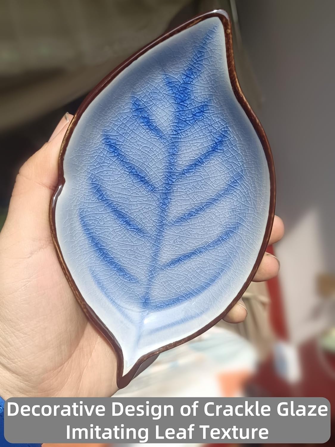 Ceramic Spoon Rest for Stove Top, Ice Cracks Leaf Cute Spoon Rest for Kitchen Counter, Cooking Spoon Holder for Kitchen Counter, Utensil Rest Spatula Rest Ladle Holder Tong Rest, 1 PC (A, Sapphire)
