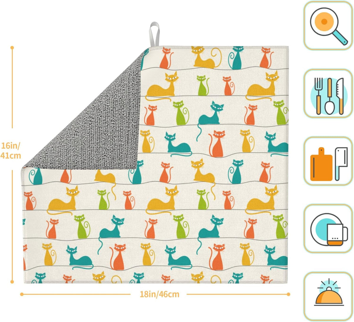 Mid Century Modern Cats Dish Drying Mat for Kitchen Counter Washable Absorbent Reversible Microfiber Cute Drying Pad Kitchen Accessories 16x18 Inch