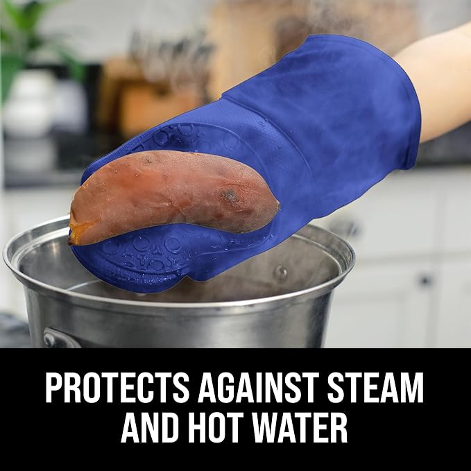 BPA-Free Soft Silicone Oven Mitts - Ultra Heat Resistant Oven Mitts with Thick Cotton Liner - Long Slip Resistant Pot Holders, Flexible Oven Gloves - Royal Blue 13.7"