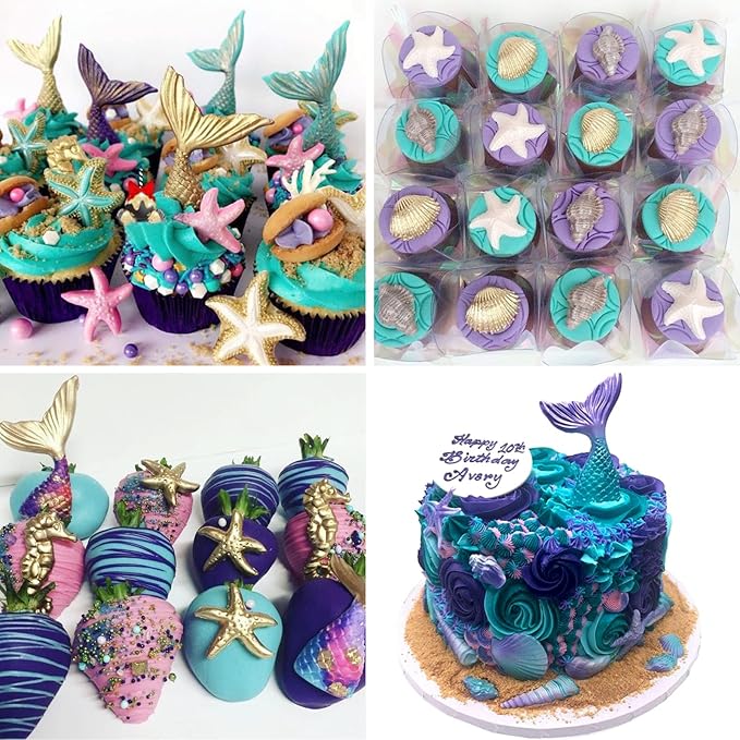 SAKOLLA Mermaid Theme Silicone Fondant Mold - Mermaid Tail Seashell Starfish Hippocampus Conch Silicone Mold for Under The Sea Cake Decoration, Gum Paste, Polymer Clay, Cupcake Decor, Sugar Craft