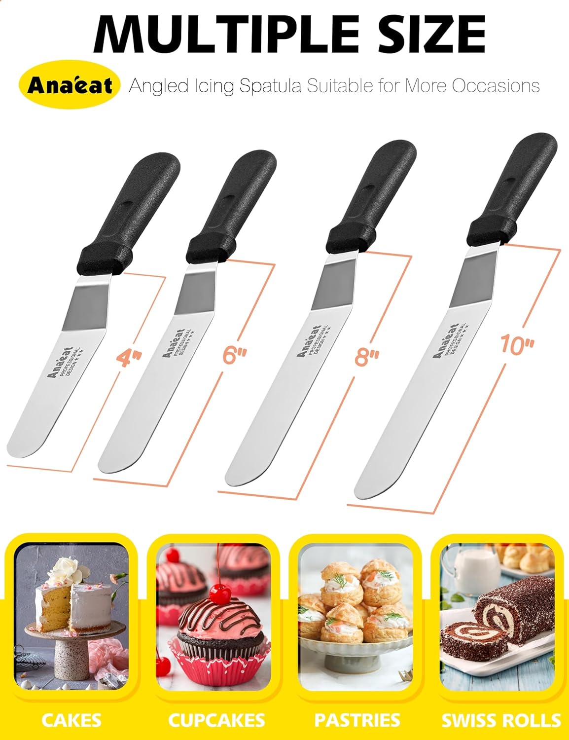 Anaeat Icing Spatulas, Set of 4 Professional Cake Angled Offset Spatula with 4", 6", 8", 10" Stainless Steel Blades - Thickened Frosting Knife with Plastic Handle for Cake Decorating, Pastry & Baking