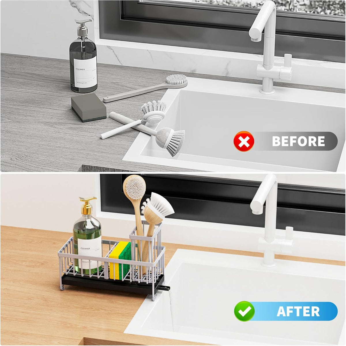 Cisily Light Gray Sponge Holder for Kitchen Sink, Sink Caddy Organizer with High Brush Holder, Kitchen Countertop Organizers and Storage Essentials, Rustproof 304 Stainless Steel, Soap Dispenser
