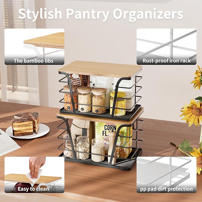 2 Pack Kitchen Organization for Onions,Potatoes - Fruit Basket for Kitchen Counter & Storage Basket,Stackable Storage Bins with Bamboo Top & Lightweight PP Mat,White