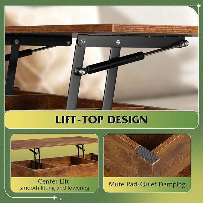 WLIVE Coffee Table, Lift Top Coffee Table with Drawers, LED Light, Large Storage and Open Shelf, Lift Tabletop for Living Room, Rustic Brown