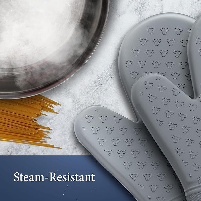 Cosy House Collection 4-Piece Oven Mitt & Pot Holder Set - 500°F Heat Resistant Trivet Cooking Gloves - Flexible, Durable & Comfortable Long-Lasting Silicone - Cooking, Baking & Grilling (Grey)