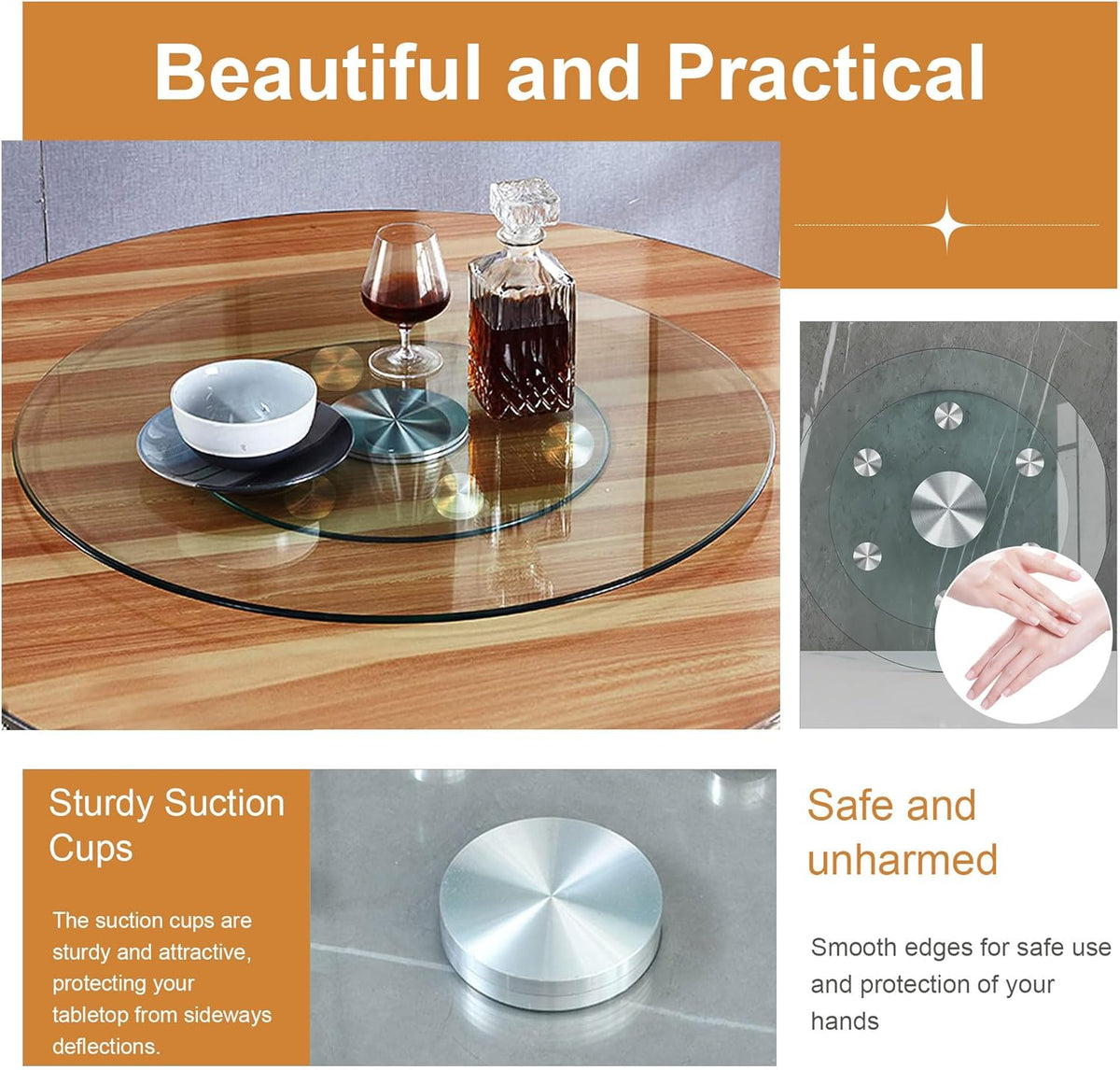 24" Tempered Glass Lazy Susan Turntable, 360° Silent-Spin Round Clear Tabletop Rotating Tray, Centerpiece for Dining Tables, Smooth Rotation, for Banquets, Weddings & Family Gatherings