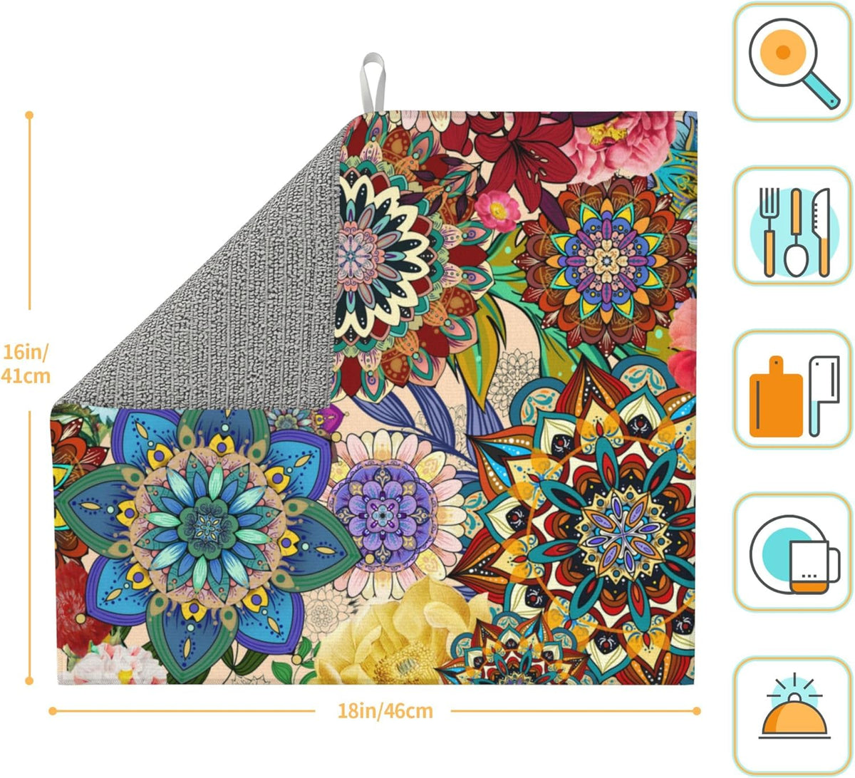 Boho Floral Dish Drying Mat for Kitchen Counter Washable Absorbent Reversible Microfiber Colorful Flowers Drying Pad Kitchen Accessories 16x18 Inch