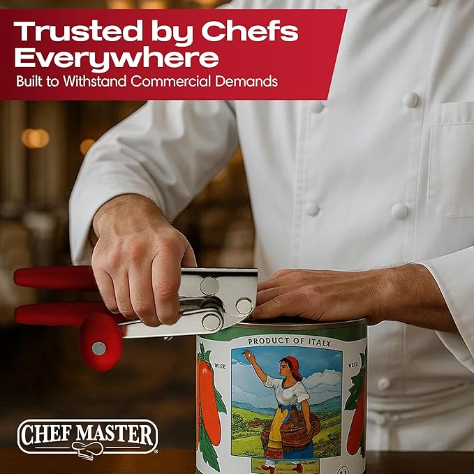Chef Master Commercial Can Opener Heavy Duty - Manual Hand Crank for Large Cans with Anti-Slip Grip - Stainless Steel Restaurant Can Opener Manual for Seniors, Kitchen, Bars & Food Trucks - 90056