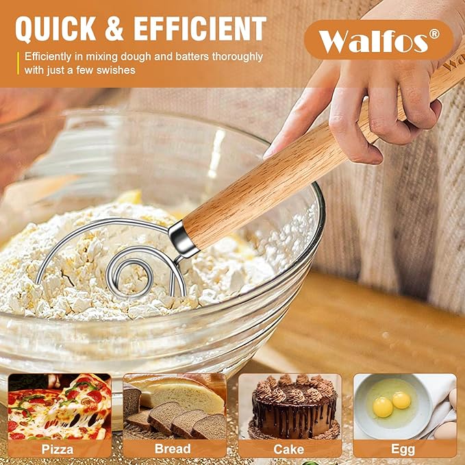 Walfos Wood Danish Dough Whisk Set 2pcs Wooden Danish Sourdough Bread Dough Whisks with Stainless Steel Ring, Kitchen Hand Bread Mixer Dough Whisking Tools for Sourdough, Cake, Pizza, Pastry