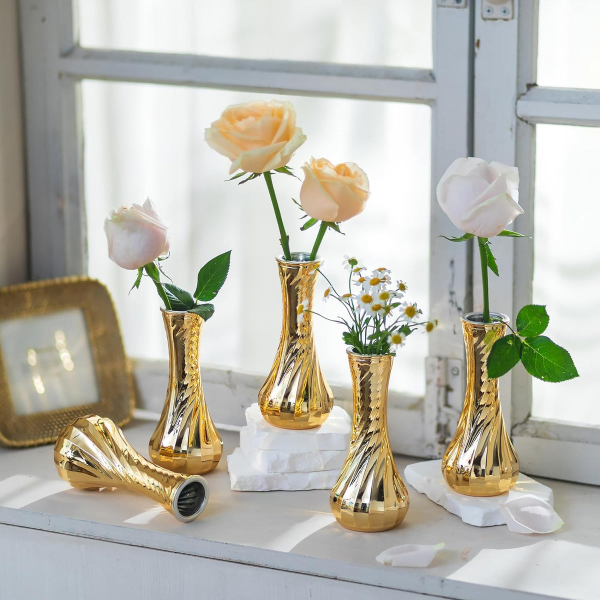 NUPTIO Glass Bud Vase Gold: 12 Pcs Small Flower Vases for Wedding Party Table Centrepiece - Vintage Ribbed Vase for Home Birthday Reception Decorations