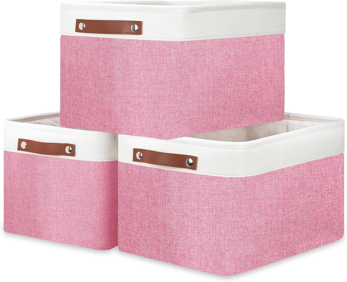 DULLEMELO Storage Baskets for Organizing, Shelves,Bedroom, Decorative Storage Bins with Faux Leather Handles, Fabric Storage Basket for Office, Toys(3-Pack, White&Pink)