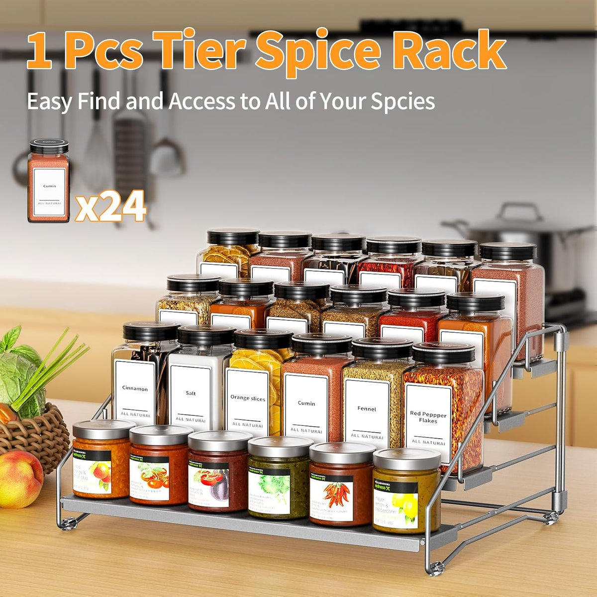 4 Tier Spice Rack for Cabinet, Spice Rack Organizer, Depth Adjustable Spice Organizer for Countertop, Cupboard, Pantry, Seasoning Shelf, Metal, Gray (1 Pack)