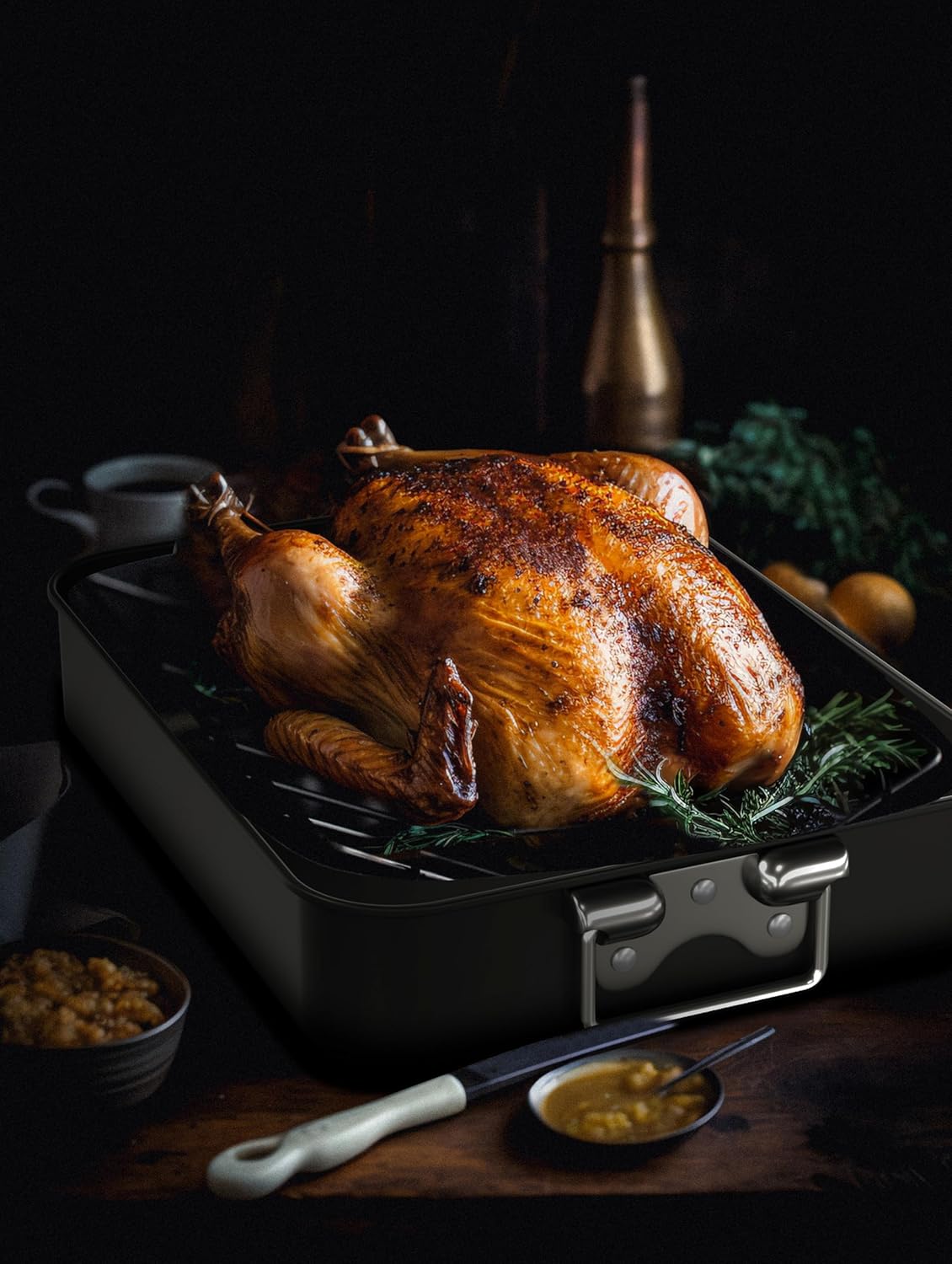 CHEFMADE Large Roasting Pan, 16-Inch Turkey Roasting Pan with V Rack, Nonstick Baking Pan for Lasagna Vegetable and Meat 16.3" x 12.52" x 3.11"