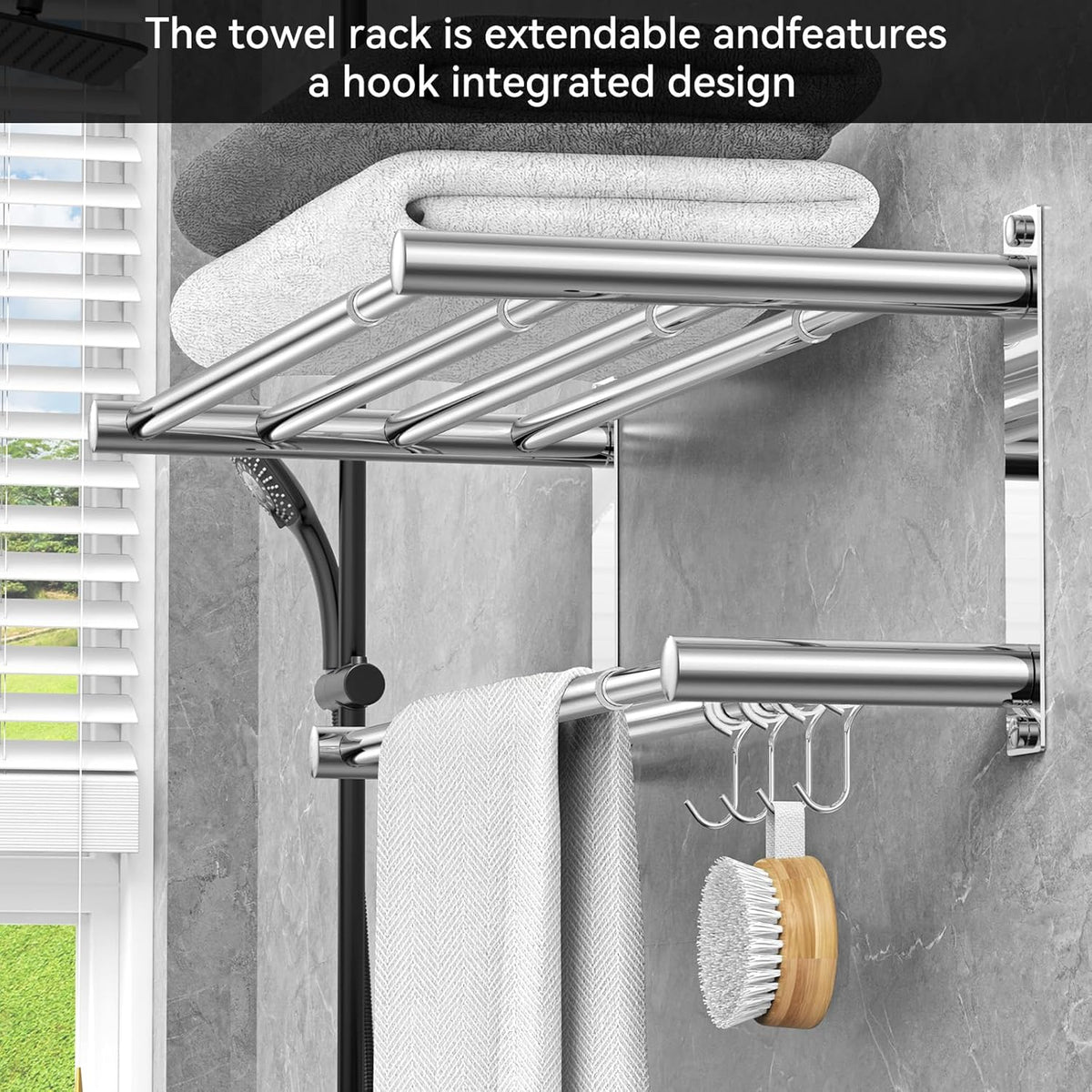 Adjustable Towel Bar for Bathroom Wall Mount17-30.7inch Adhesive Shower Towel Rack Stainless Steel Bath Towel Holders for Toilet Kitchen Double Towel Hanger (Mobile Hook Towel Rack)