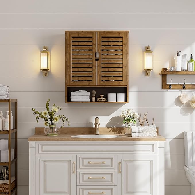 SMIBUY Bathroom Cabinet Wall Mounted, Bamboo Over-The-Toilet Storage Organizer, Space Saver Medicine Cabinet with 2 Door and Adjustable Shelves (Walnut)
