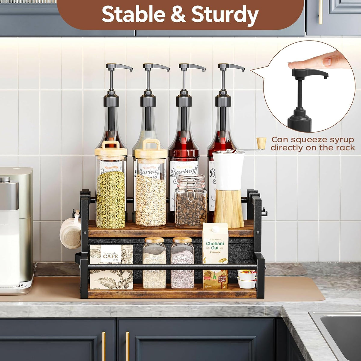 Coffee Syrup Organizer Rack, 2-Tier Coffee Bar Accessories, Bottle Holder Stand with K Cup Storage Drawer for Coffee bar, Wine Rack, Storage Shelves for Syrup. (Rustic Brown)