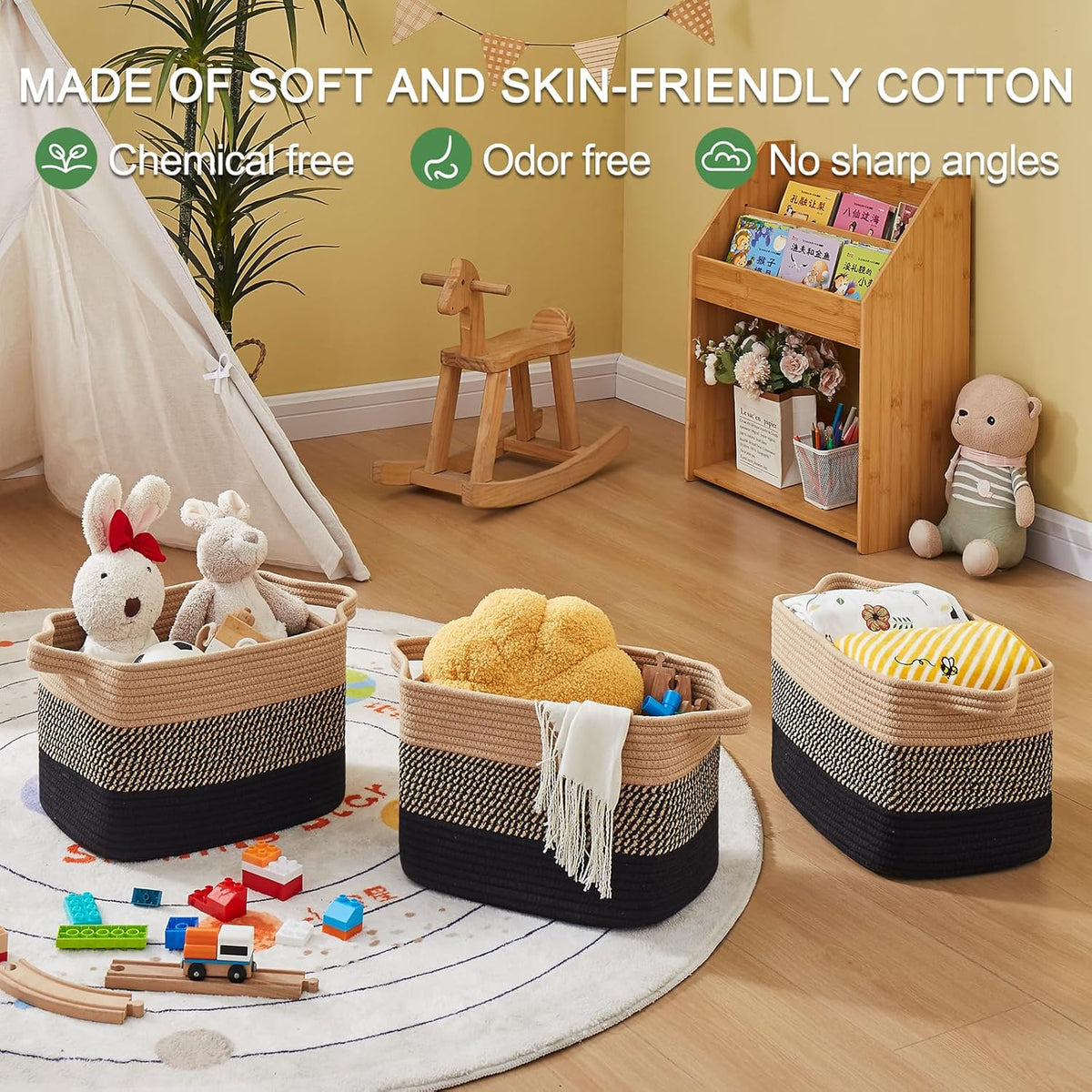 OIAHOMY Storage Basket, Woven Baskets for Storage, Cotton Rope Basket for toys,Towel Baskets for Bathroom - Pack of 3, Black & Brown