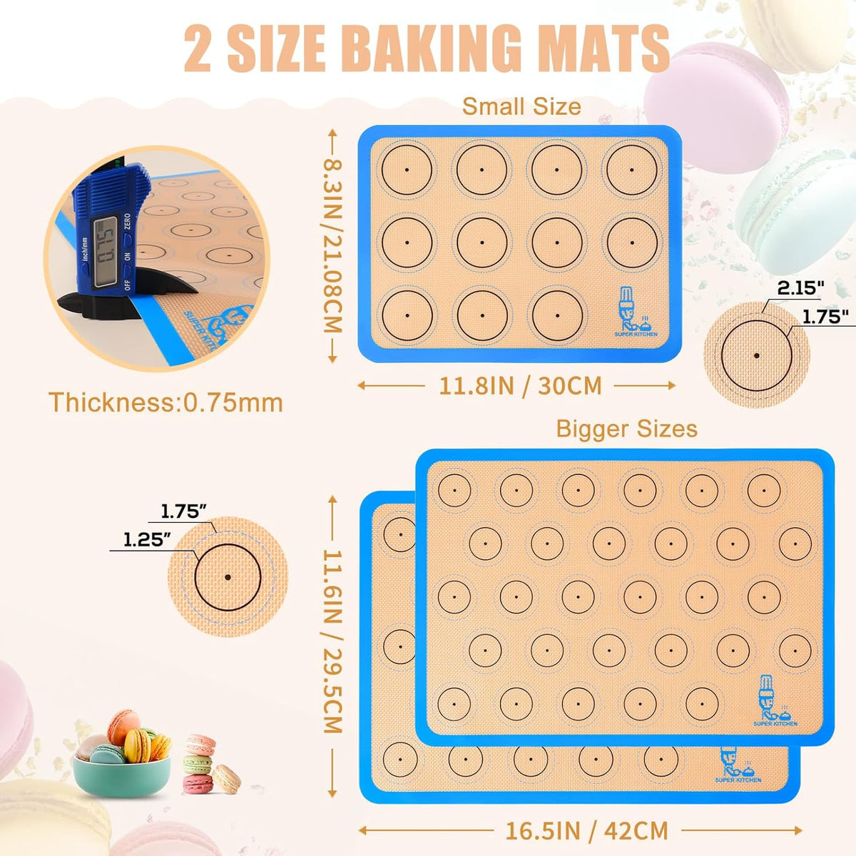 Silicone Macaron Baking Mat Half Sheet - Set of 3 (2 Half Sheet and 1 Quarter Sheet), Non Stick Silicon Oven Liner For Macaroons and Cookies, By Folksy Super Kitchen (16.5x11.6, Blue)