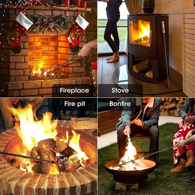Fire Poker for Fire Pit, 32 inch Fireplace Poker Premium Solid Steel Fire Pit Poker Campfire Poker for Fireplace Camping Wood Stove Indoor and Outdoor - Rust Resistant Black Finish