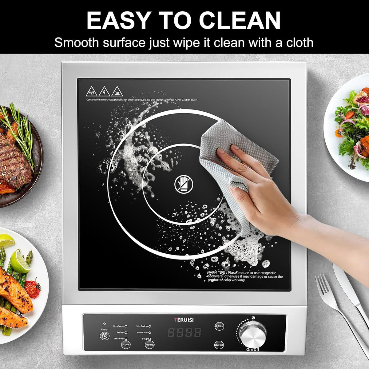 Induction Cooktop Commercial, 1800W Electric Stove with 18/10 Stainless Steel, 4 Hours Timer, 6 Preset Functions, 8 Temp/Power Levels, Portable Countertop Burner for RV Home Kitchen