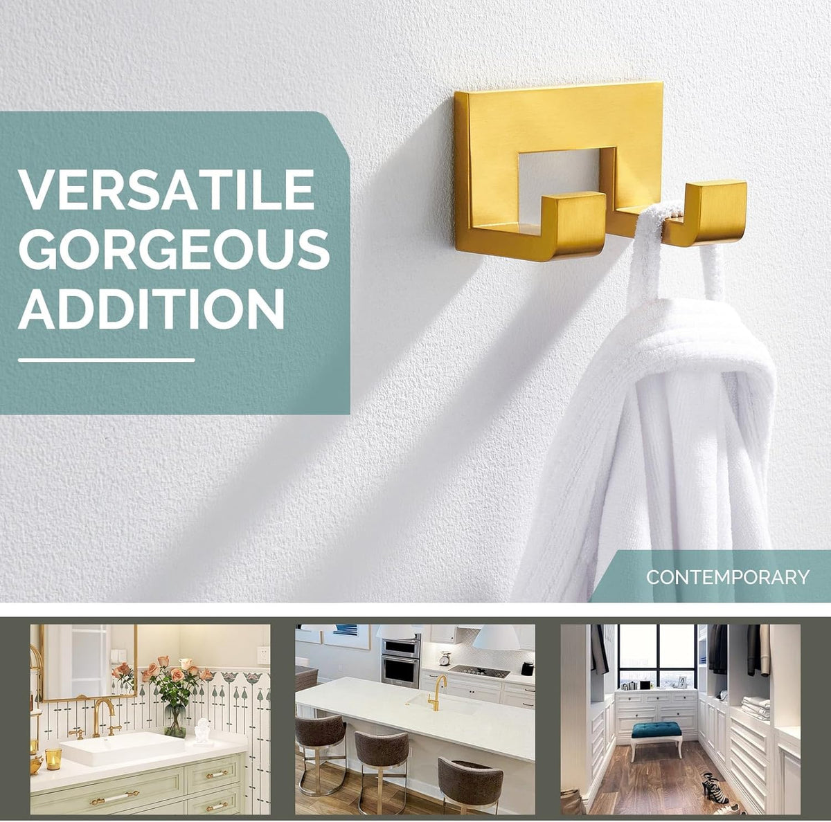 Angle Simple Towel Hook, SUS 304 Stainless Steel Wall Coat Hook, Bathroom Double Hand Towel Holder, Brushed Gold