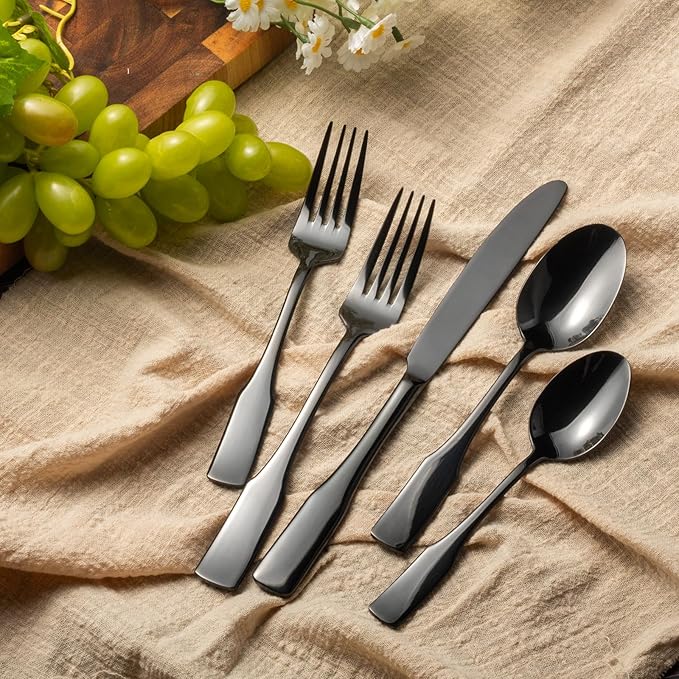 Alata Kate Black Mirror 45-Piece Silverware With Utensil-Serving Set, Service for 8, Stainless Steel Flatware, Mirror Polished Cutlery, Dishwasher Safe