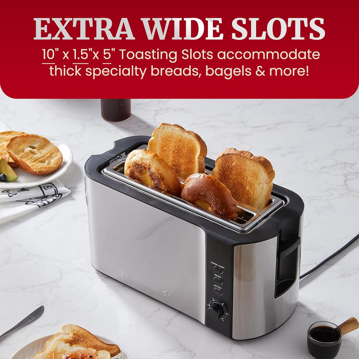 Elite Gourmet ECT-3100 Long Slot 4 Slice Toaster, Reheat, 6 Toast Settings, Defrost, Cancel Functions, Built-in Warming Rack, Extra Wide Slots for Bagels & Waffles, Stainless Steel & Black