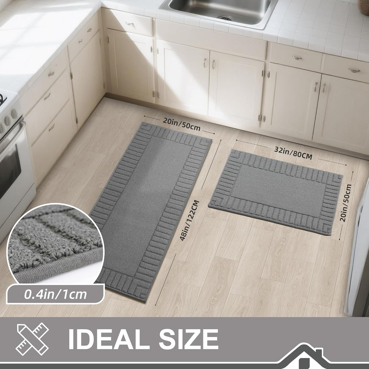 BEQHAUSE-Kitchen-Rugs-Washable-Kitchen-Mats-for- Floor Non-Slip Kitchen Mat Set of 2 Absorbent Kitchen Runner with TPR Non Skid Backing,Grey,20x30inch/20x48inch