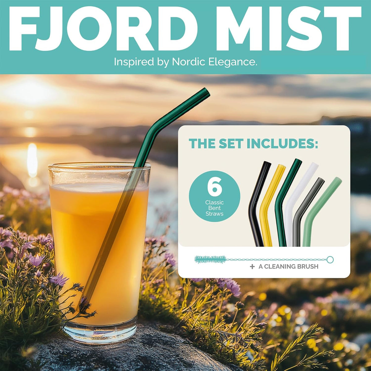 Simply Straws 8 Inch Glass Straws Bent (6-Pack) – Reusable Glass Straws for Pints & Juice Drinkware, with Cleaning Brush – Dishwasher Safe, Hot & Cold Use, BPA-Free (Fjord Mist)