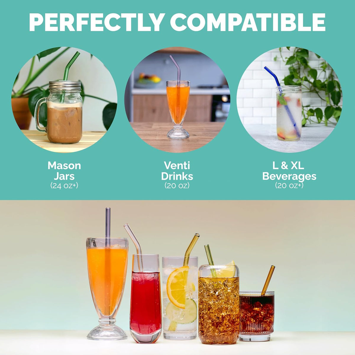 Simply Straws 8 Inch Glass Straws Bent (6-Pack) – Reusable Glass Straws for Pints & Juice Drinkware, with Cleaning Brush – Dishwasher Safe, Hot & Cold Use, BPA-Free (Fjord Mist)