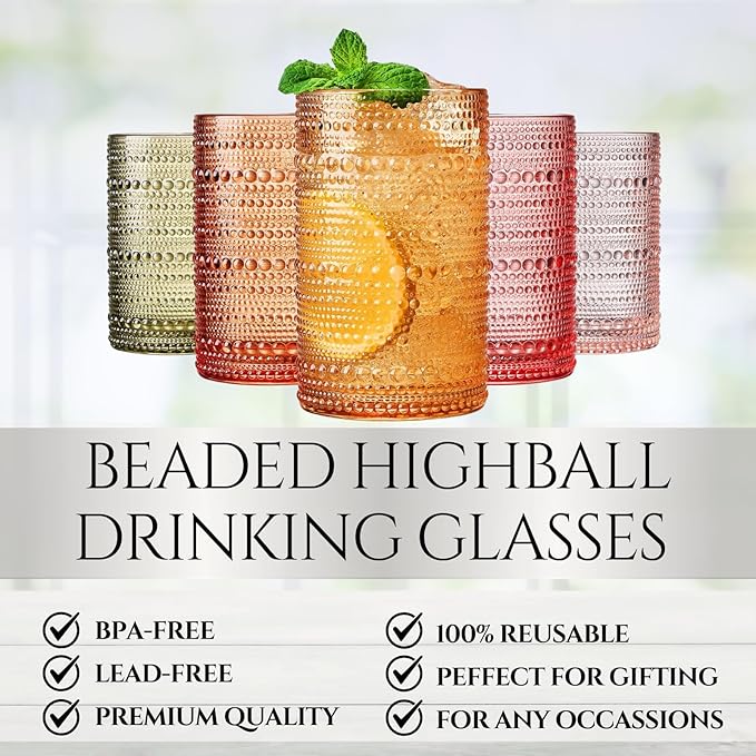 Hobnail Beaded Highball Drinking Tumbler Glasses | Set of 5 | Color, Vintage Bubble Design Whiskey Glassware, Old-Fashioned, Embossed Design, Water, Wine, Cocktail Embossed Heavy Glass, Rocks Glass