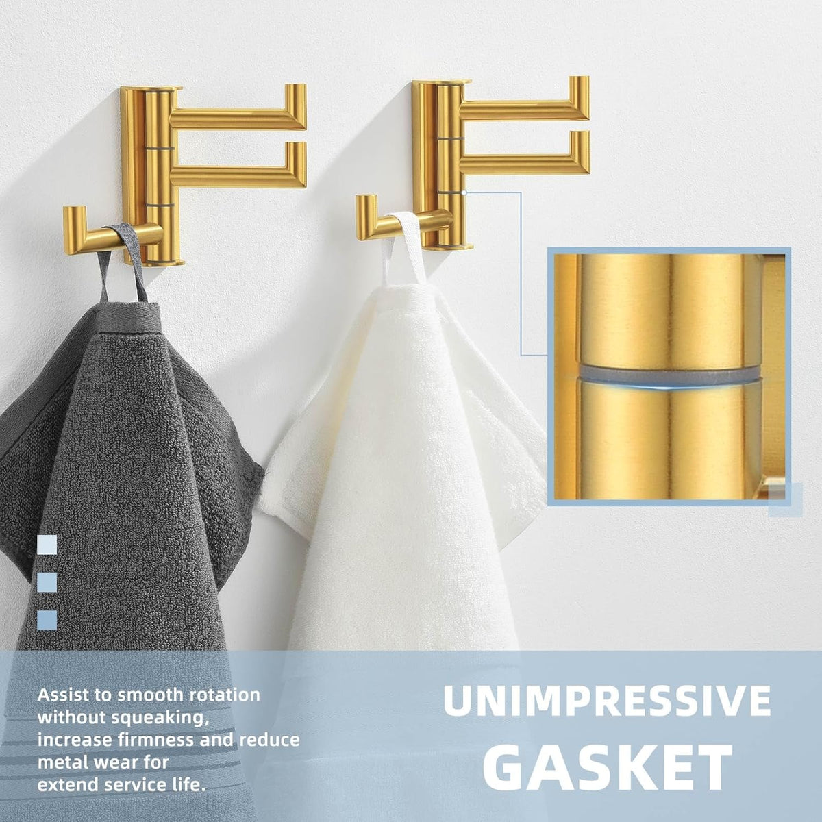 Suyar Bathroom Towel Hook Brushed Gold, SUS 304 Stainless Steel Swivel Coat Robe Holder 3 Foldable Arms, Rotating Wall Hook, 2 Pack