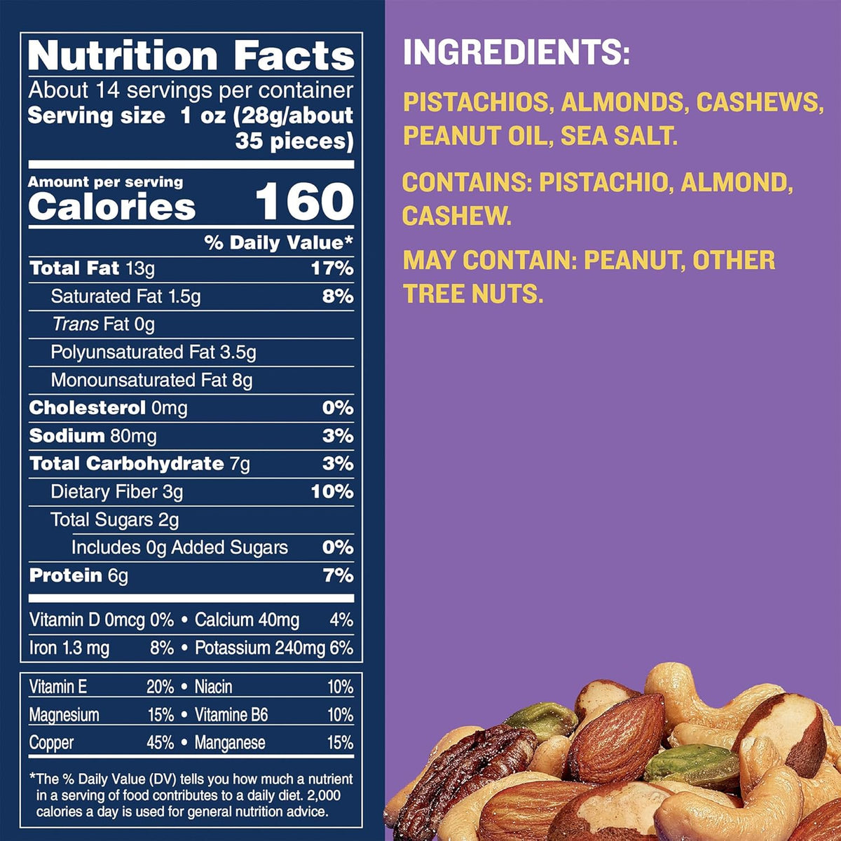 PLANTERS Deluxe Pistachio Mix, Party Snacks, Plant-Based Protein, 14.5 Oz Canister