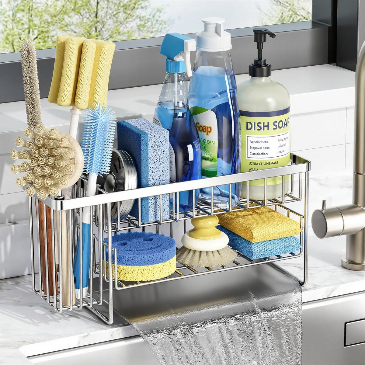 Cisily Silver 2-Tier Kitchen Sink Caddy Organzier Rack with Flexible Dish Brush Holder, Sponge Holder for Kitchen Sink Countertop Organization Storage,Home Decor Stainless Steel