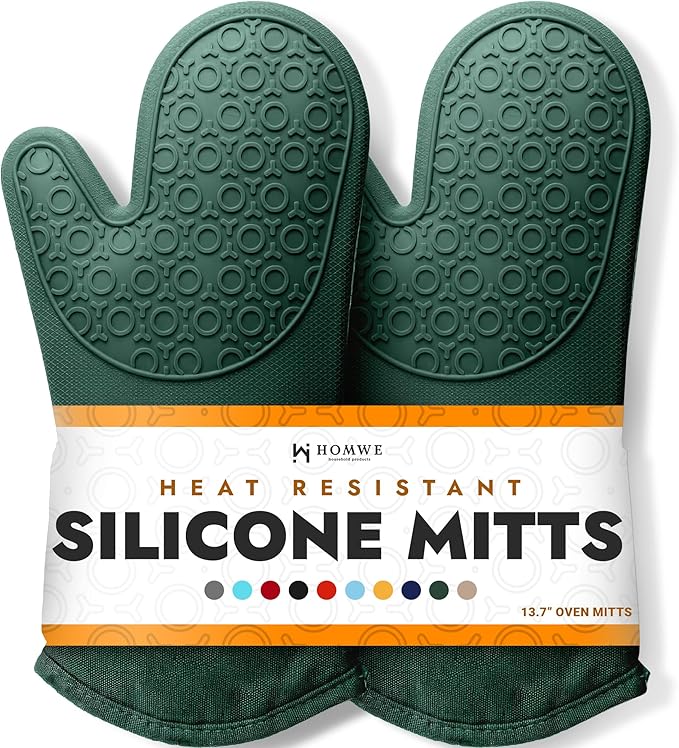 BPA-Free Silicone Oven Mitts Ultra Heat Resistant up to 500°F - Oven Mitts with Thick Cotton Liner - Long Slip Resistant Pot Holders, Flexible Oven Gloves - Green 13.7