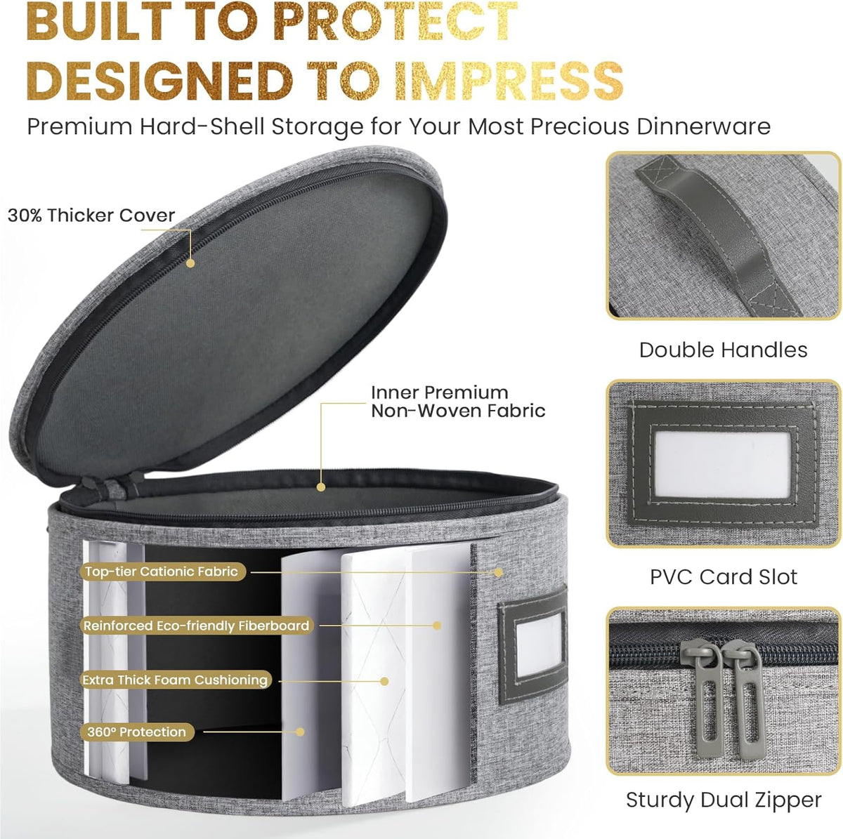 HOMELUX THEORY Dessert Plate Storage Box, 2pc Light Gray Hard Shell China Storage Containers With 24 Felt Pads, Kitchen Storage Bins With Lids, Heavy Duty Moving Box for Dishes & Dinner Plate