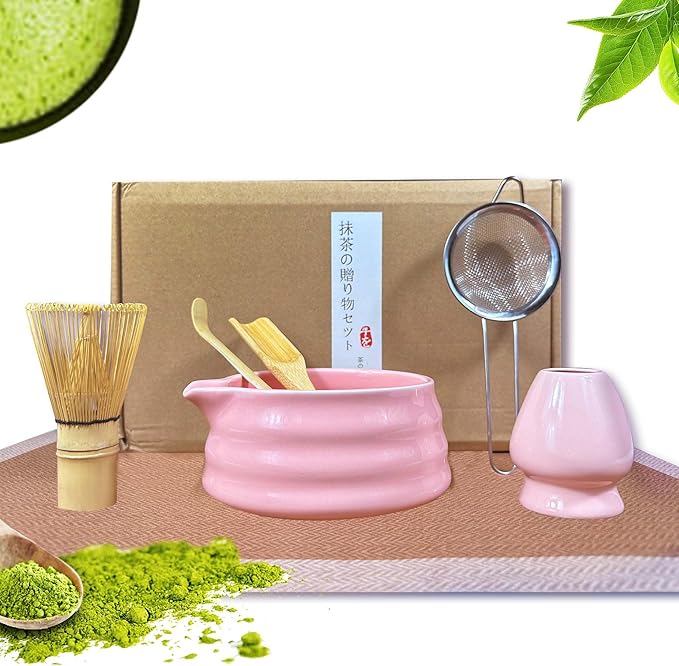 Pink Matcha Tea Set, 6pcs Matcha Whisk Set Pink, Matcha Ceremony Accessory, Whisk Holder, Matcha Bowl, Matcha Whisk, Bamboo Scoop, Sifter, Ceramic Matcha Bowl Tea Ceremony Accessory for Making Matcha