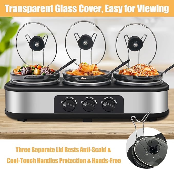 Triple Slow Cooker, 3×1.5 QT Buffet Servers and Warmers, 3 Pots Buffet Slow Cooker Adjustable Temp Lid Rests Stainless Steel Manual Silver for Parties Holidays Families